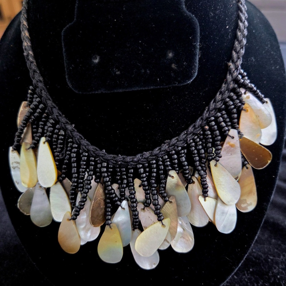 Mother of Pearl Shell Statement Necklace Black Braided Cord Seed Bead Fringe
